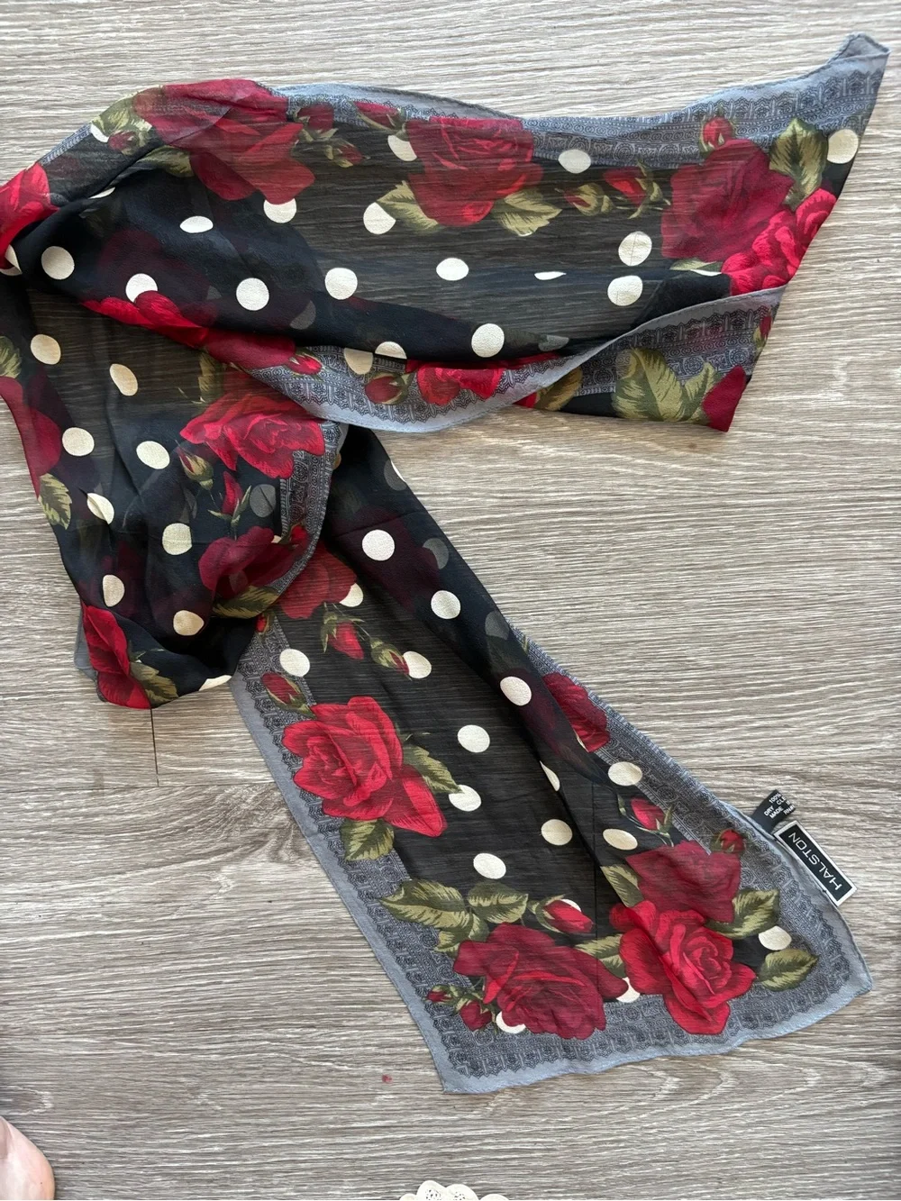 %100 silk Halston Heritage Floral Rose Print Scarf in Red, Green, Gray